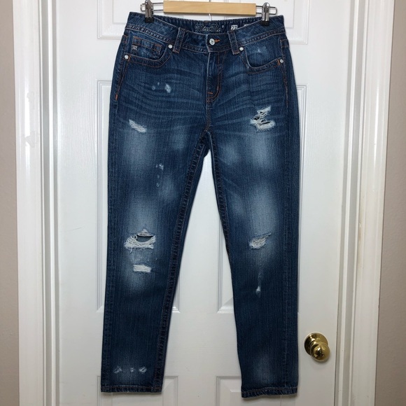 Miss Me Jeans Cotton Distress Ripped Blue Wash MidRise Boyfriend Ankle Jeans 27 - Picture 2 of 15